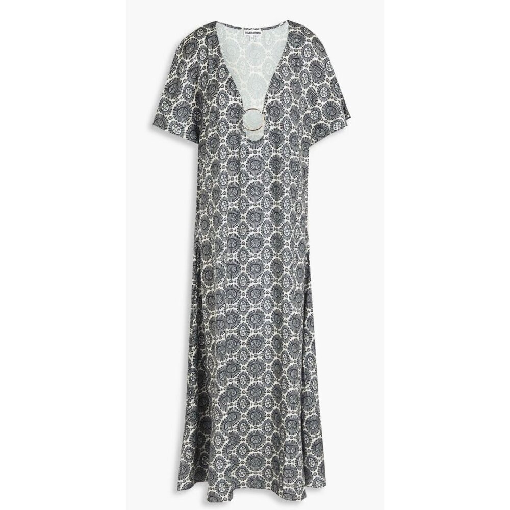 NWT Anthropologie Solid & Striped Embellishes‎ Ring Printed Satin Kaftan Sz S